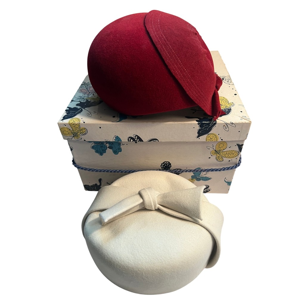 Set of 2 Vintage I. Magnin & Co. Wool Felt Pill Box Hats 1950s Mad Men Hat Box
